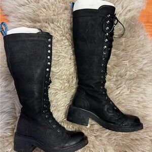 John Fluevog Black Leather Lace-Up Knee-High Boots